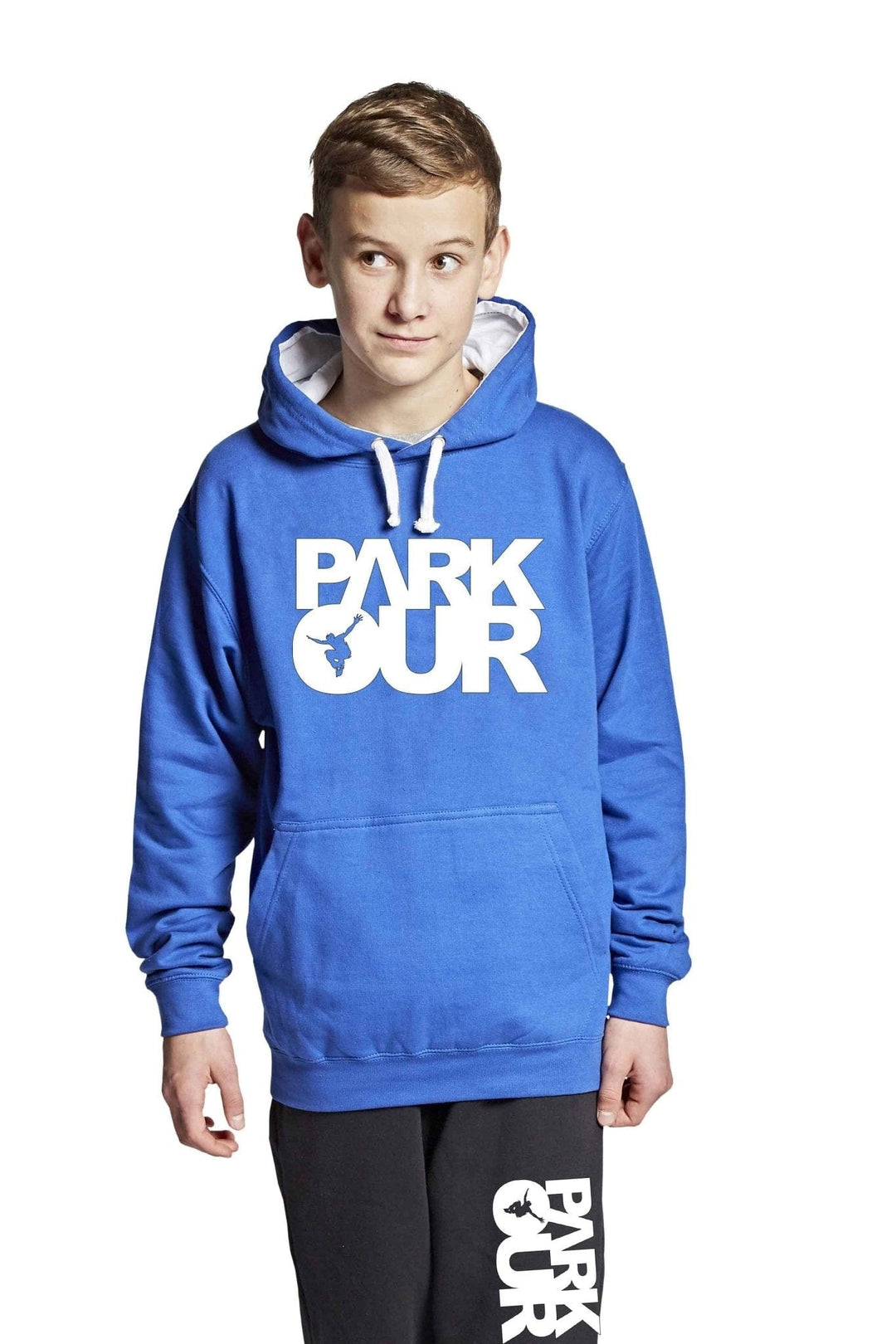 Hoodie m/ Parkour box, blå/hvid Hoodie Parkourshoppen