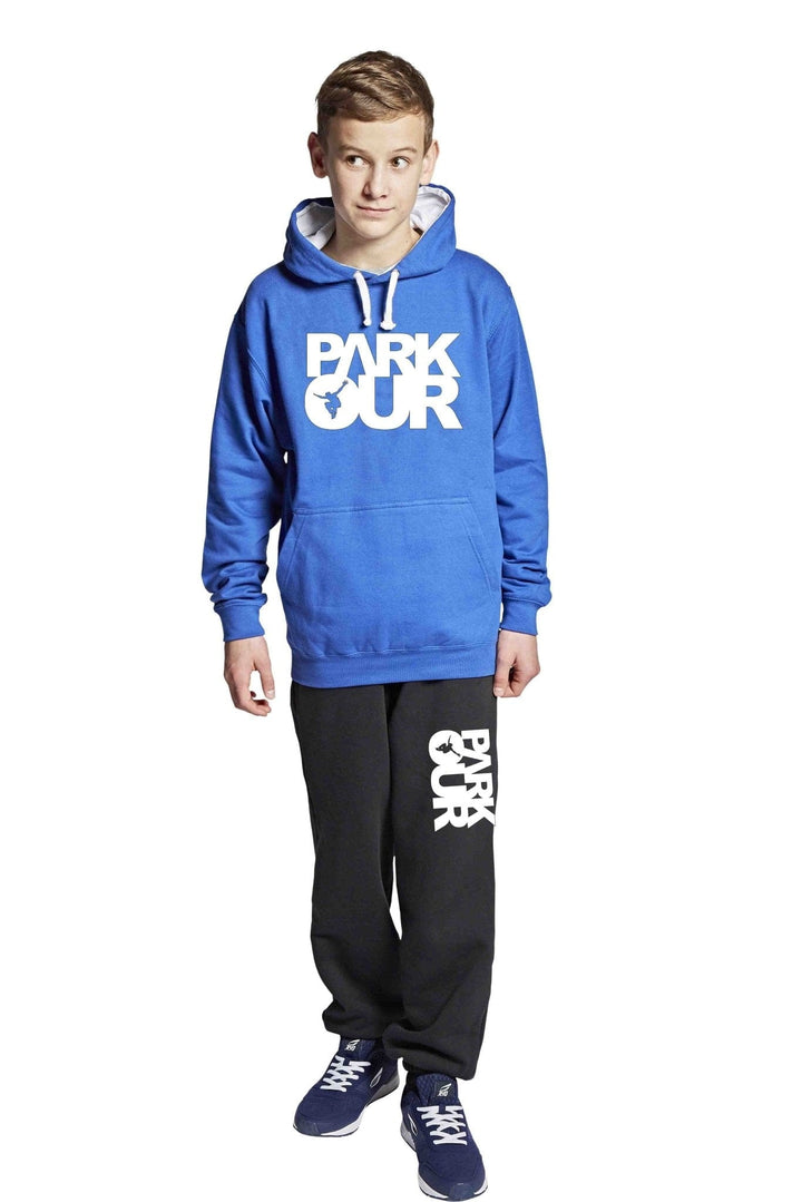Hoodie m/ Parkour box, blå/hvid Hoodie Parkourshoppen