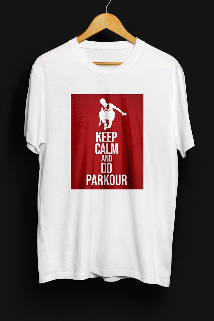 "Keep Calm and Do Parkour" T-shirt – Hvid med Rød Print T-Shirt Parkourshoppen