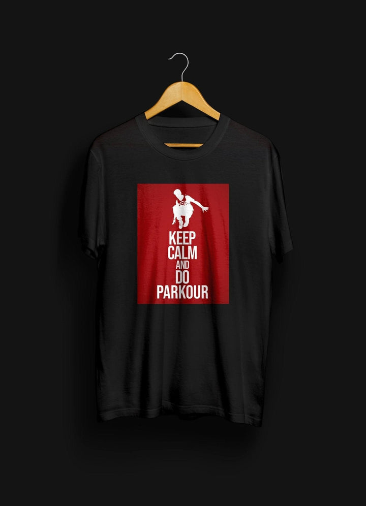 "Keep Calm and Do Parkour" T-shirt – Sort med Rød Statement Tekst T-Shirt Parkourshoppen