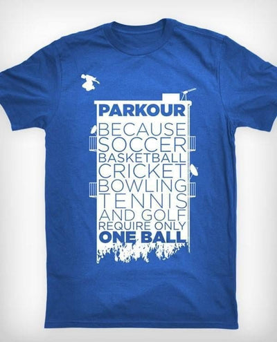 Parkourshoppen T-shirt 7-8 år / Blå "Parkour kräver BOLLAR..." T-shirt, blå/vit